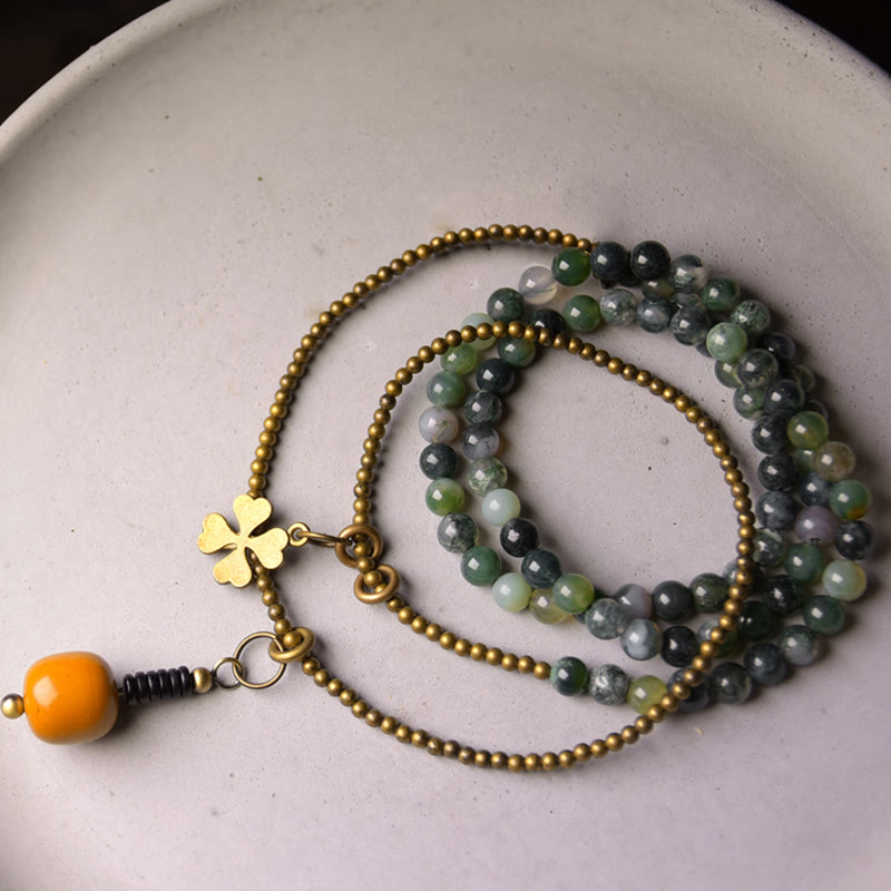 Bracelet porte-bonheur multicouche en cuivre et agate mousse avec Buddha Stones