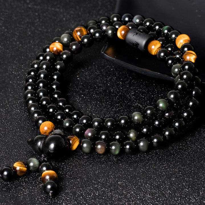 Bracelet Mala en obsidienne noire naturelle avec Buddha Stones et gourde arc-en-ciel