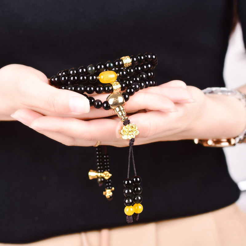 Bracelet Mala Lotus Accomplissement en Obsidienne Noire Naturelle 108 Perles Buddha Stones