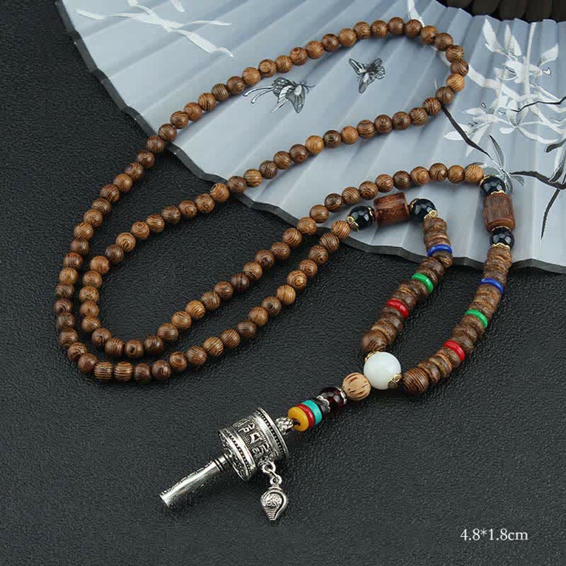 Collier pendentif en bois Vajra Buddha Stones tibétaines Om Mani Padme Hum et rotation de la roue de prière - Moulin à prières en argent - image 13