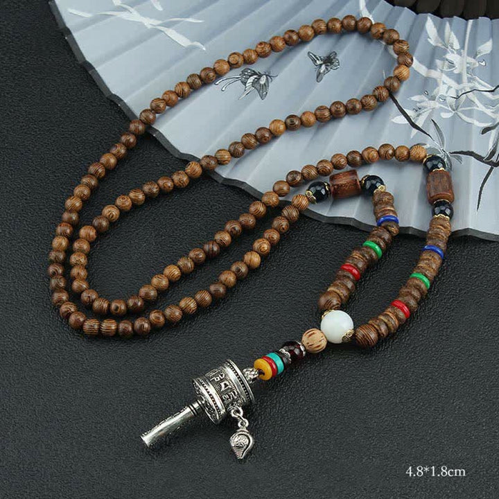 Collier pendentif en bois Vajra Buddha Stones tibétaines Om Mani Padme Hum et rotation de la roue de prière - Moulin à prières en argent - image 13