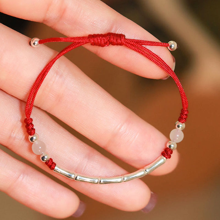 Bracelet tressé en argent sterling 925 avec perles d'agate blanche et d'agate rouge en bambou et pierres de Buddha Stones