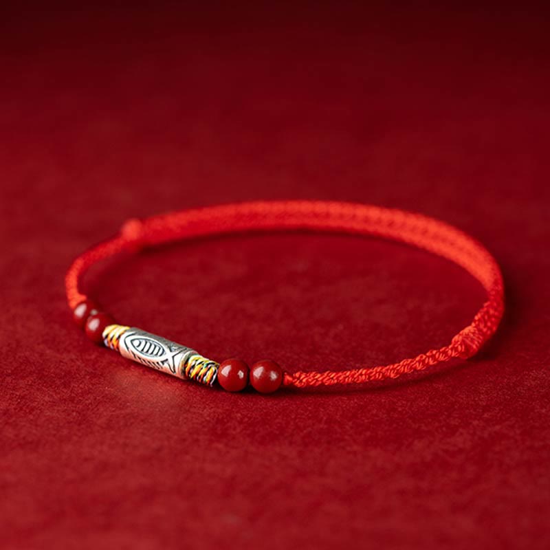 Bracelet de cheville tressé artisanal en argent sterling 925 avec perles de cinabre et poisson koï de Buddha Stones