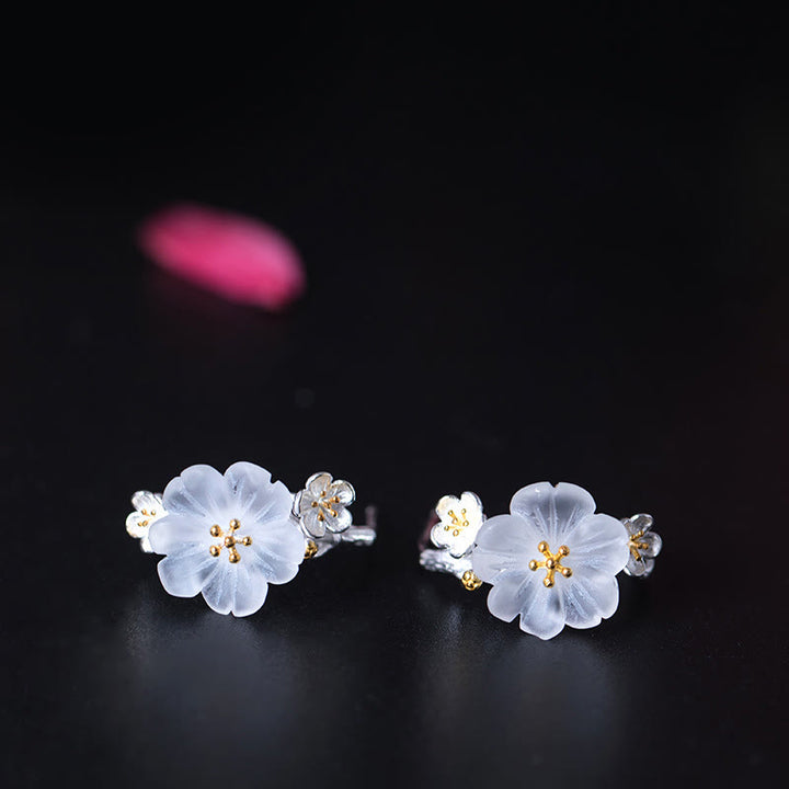 Boucles d'oreilles en argent sterling 925 Buddha Stones et fleurs de prunier