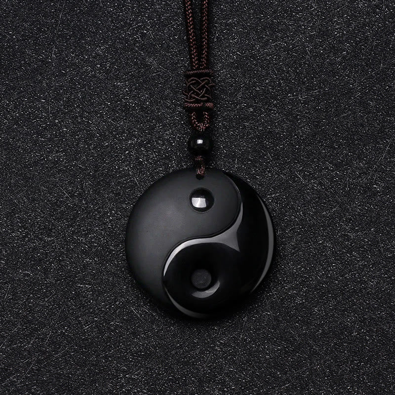 Collier pendentif Yin Yang sculpté en Buddha Stones en obsidienne noire, taoïsme, cinq montagnes sacrées, mantra à neuf caractères, purification - image 5