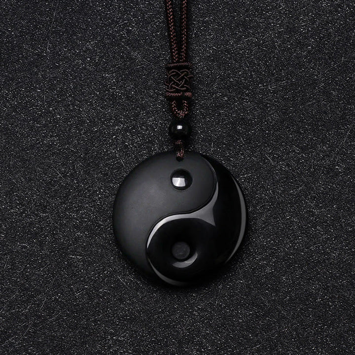 Collier pendentif Yin Yang sculpté en Buddha Stones en obsidienne noire, taoïsme, cinq montagnes sacrées, mantra à neuf caractères, purification - image 5