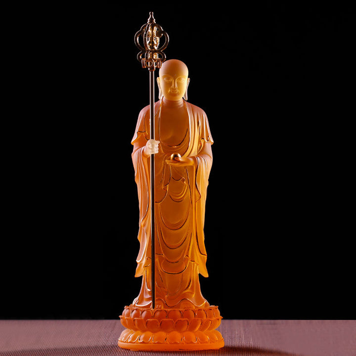 Buddha Stones faites à la main Ksitigarbha Bodhisattva Figurine Liuli Cristal Pièce d'art Statue de sérénité Décoration de la maison