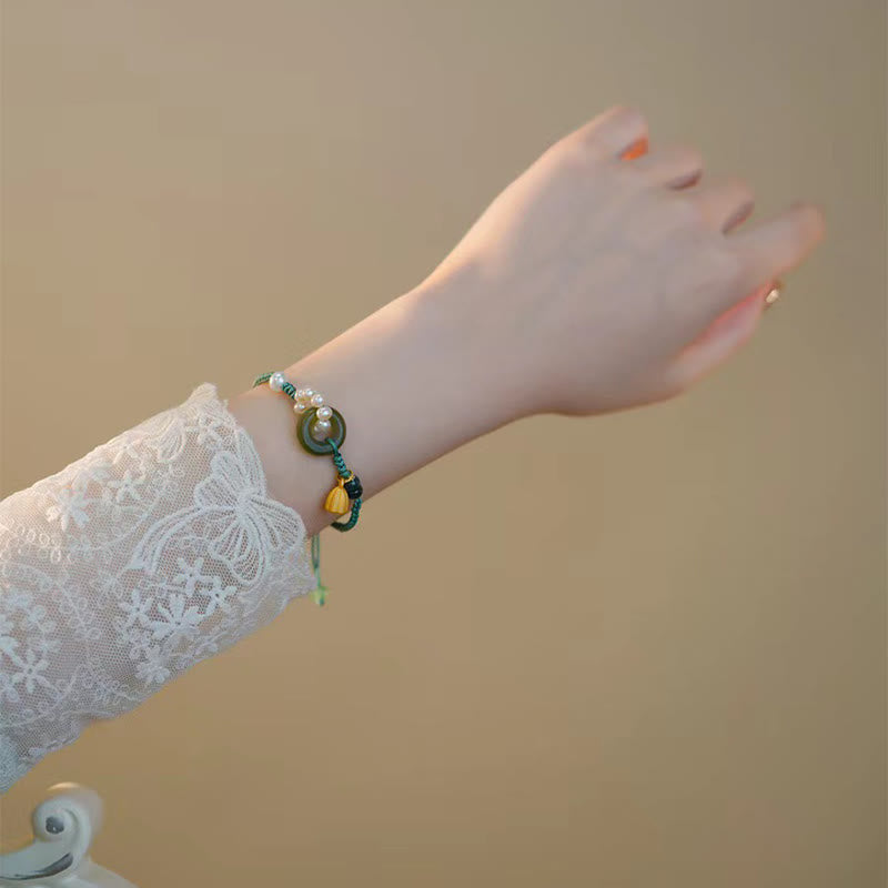 Bracelet tressé artisanal en Buddha Stones Hetian naturel avec boucle de paix et perles de chance