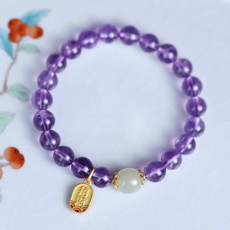 Bracelet de guérison en jade Hetian Buddha Stones et cristal d'améthyste naturel