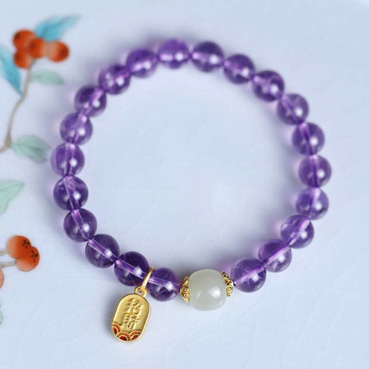Bracelet de guérison en jade Hetian Buddha Stones et cristal d'améthyste naturel