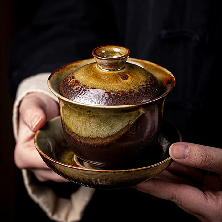 Buddha Stones Vintage Brown Kiln Change Design Porcelaine Céramique Gaiwan Sancai Tasse À Thé Kung Fu Tasse À Thé Et Soucoupe Avec Couvercle