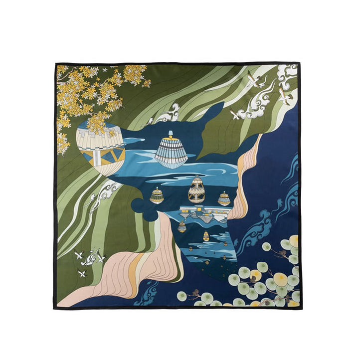Écharpe en soie de mûrier 100 % peinture à l'huile de la jungle avec Buddha Stones et nuages de bon augure, écharpe de cou en soie double face de qualité supérieure 6A