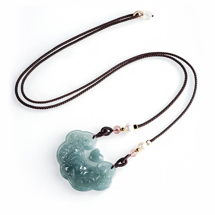 Collier pendentif fleur de pivoine en jade naturel de Buddha Stones Lock of Good Wishes Prosperity