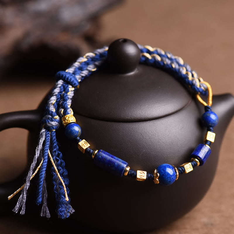 Bracelet en cordelette faite main avec perles de lazurite et de lapis-lazuli naturels et Buddha Stones - image 2