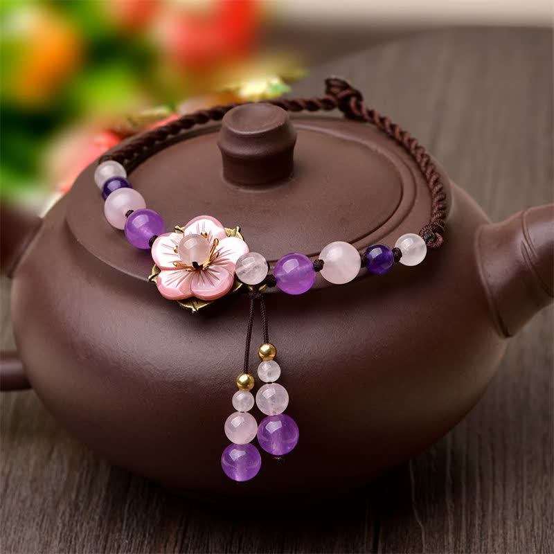 Buddha Stones Bracelet de cheville Améthyste Rose Quartz Crystal Charm Lucky Healing