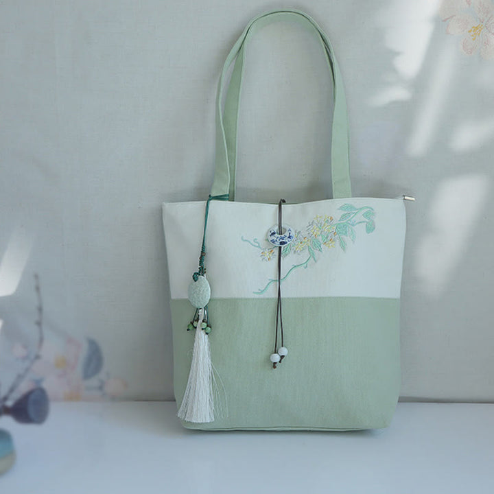 Sac à bandoulière en toile brodée de bambou avec fleur de poire, prunier, fleur de pêcher, grande capacité, sac fourre-tout