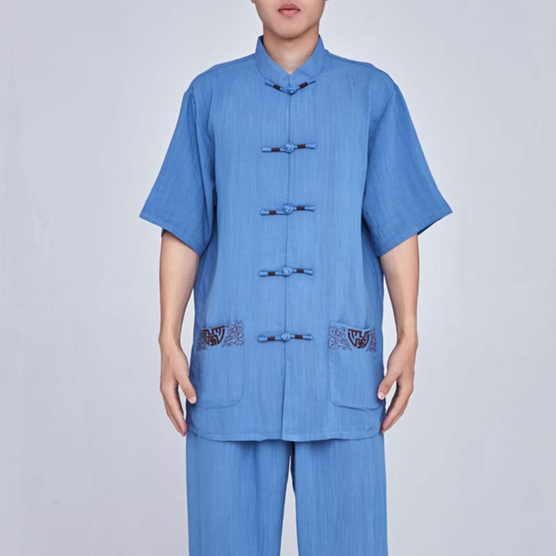 Ensemble de vêtements unisexe brodés Buddha Stones, méditation, prière zen, Tai Chi spirituel, Qigong - Manches courtes, broderie bleue - US14，UK/AU18，EU46 (3XL) - image 29