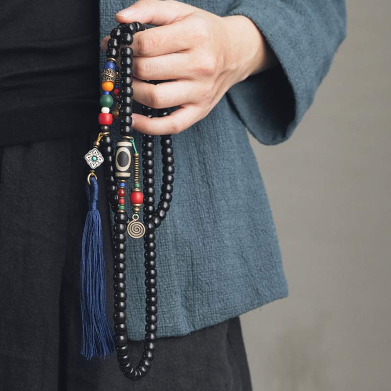 Buddha Stones Mala 108 perles en bois d'ébène et perles Dzi en cuivre avec pampilles et équilibre