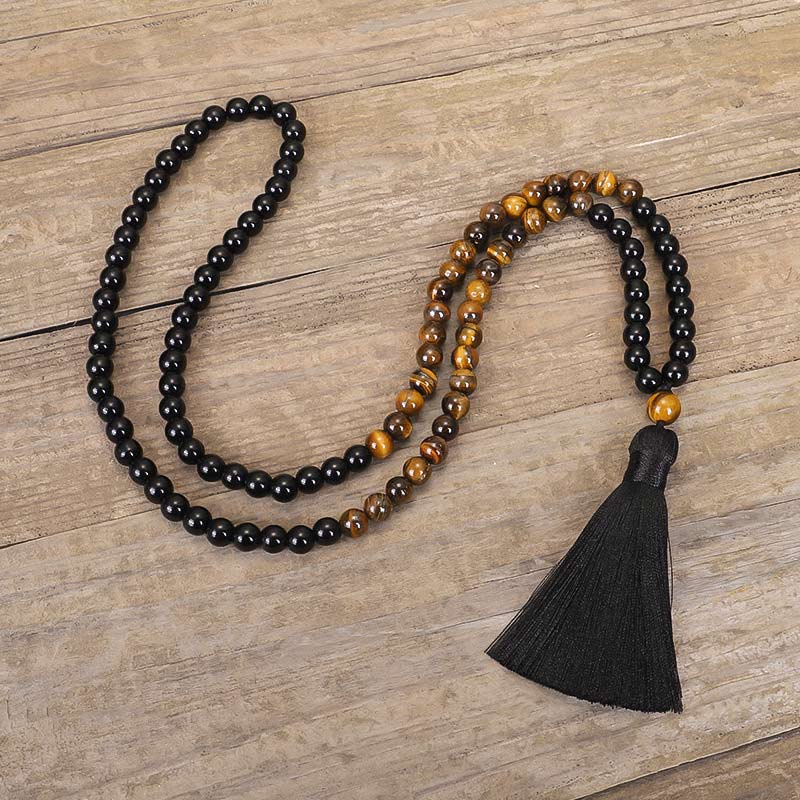 Ensemble Mala avec collier de protection en onyx noir Buddha Stones et œil de tigre