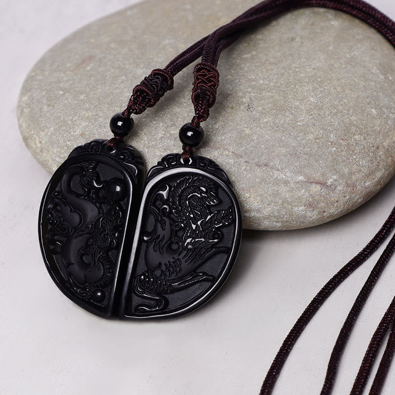 Collier pendentif de protection Dragon Phoenix en obsidienne noire avec Buddha Stones - image 5