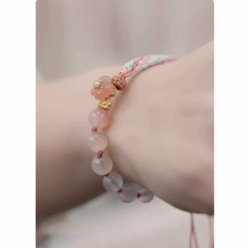Bracelet en corde fait main avec Buddha Stones en agate naturelle dégradée et nœud de réincarnation en fleur de pêcher