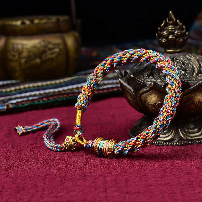 Bracelet tibétain en corde tressée avec breloque porte-bonheur Thangka en Buddha Stones