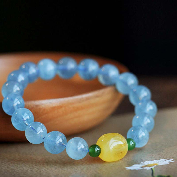Bracelet de guérison et de sérénité en perles d'ambre et d'aigue-marine naturelles