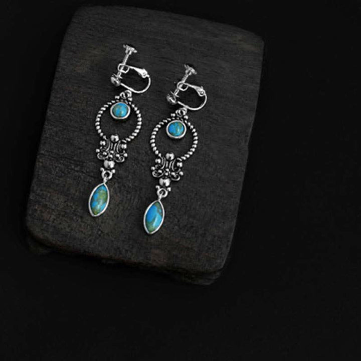Boucles d'oreilles pendantes en argent sterling 925 Buddha Stones et motif de goutte d'eau turquoise vintage
