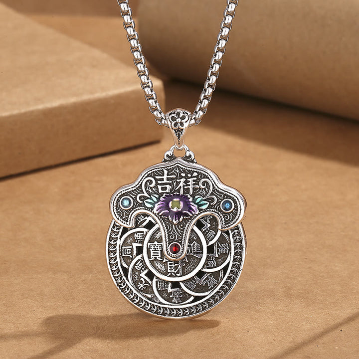 Collier pendentif en cuivre avec Buddha Stones et fleur de pivoine