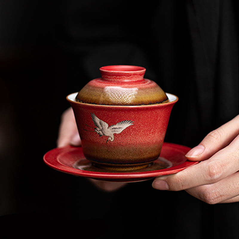 Tasse à thé et soucoupe en céramique Gaiwan Sancai avec couvercle et Buddha Stones rouge de bon augure