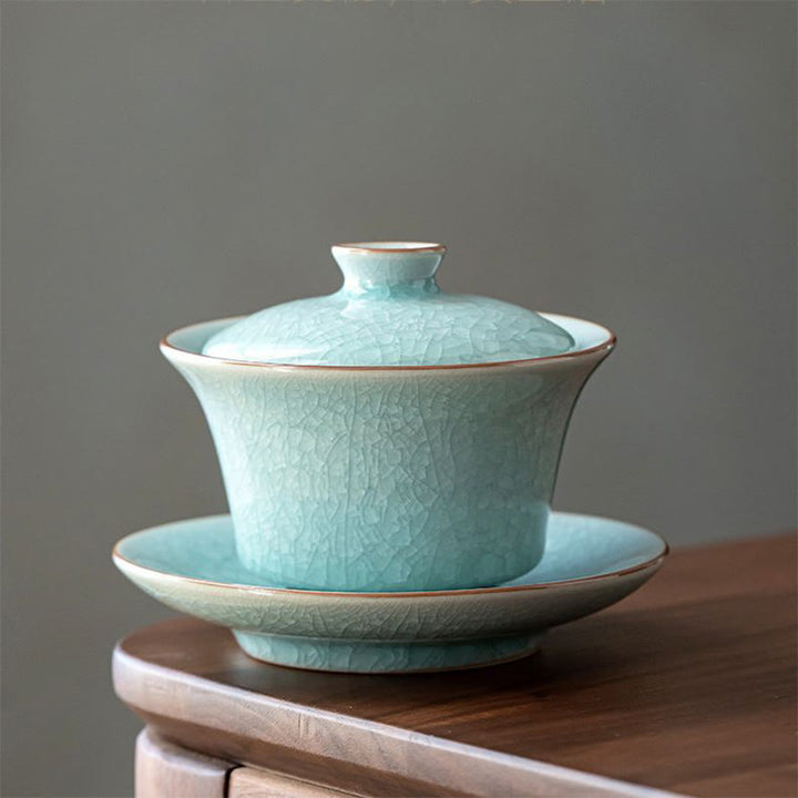 Tasse à thé et soucoupe en céramique avec couvercle en forme de Buddha Stones, style rétro, vert glacé, Gaiwan, Sancai