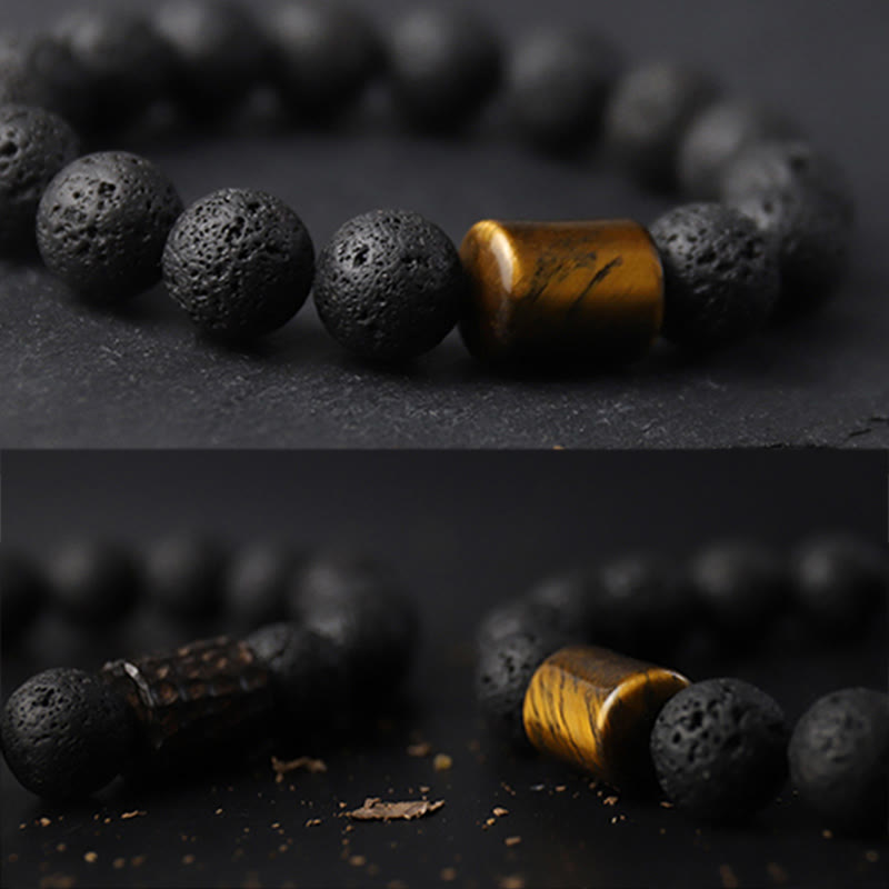 Bracelet de guérison en pierre de lave et bois d'ébène avec œil de tigre