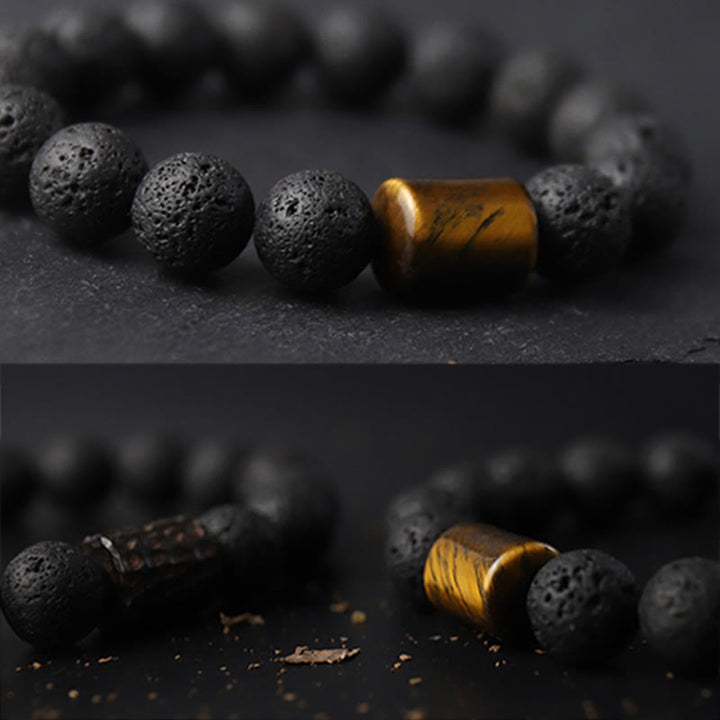 Bracelet de guérison en pierre de lave et bois d'ébène avec œil de tigre