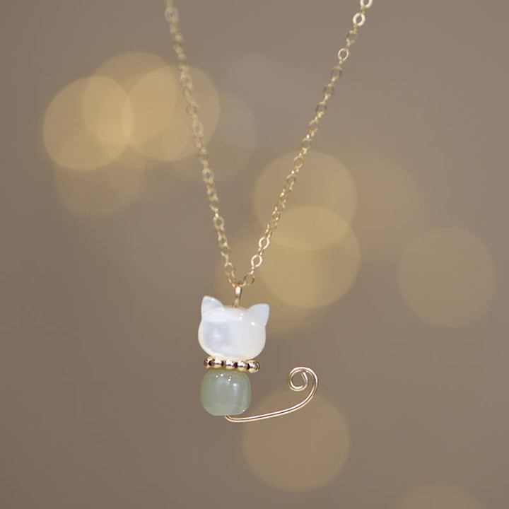 Collier avec pendentif en forme de chat porte-bonheur en jade Hetian plaqué or 14 carats avec Buddha Stones - image 6