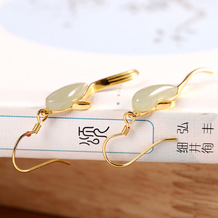 Boucles d'oreilles pendantes porte-bonheur en jade à motif de poisson