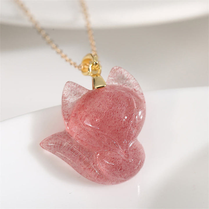 Collier pendentif de guérison en quartz fraise et renard en argent sterling 925 plaqué or 14 carats de Buddha Stones