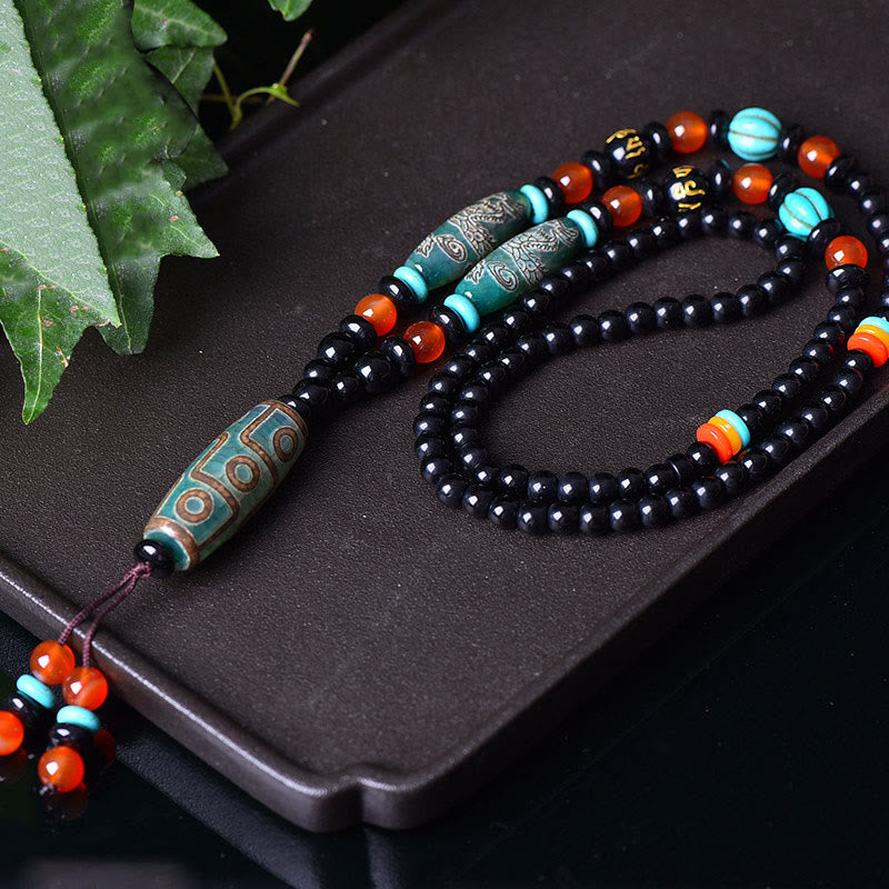 Collier pendentif de protection Om Mani Padme Hum en Buddha Stones tibétaines à neuf yeux Dzi motif dragon - image 2