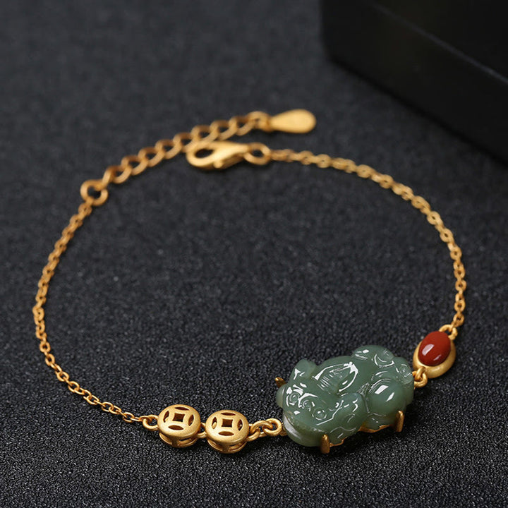 Bracelet chaîne de réussite en jade cyan PiXiu avec pièce de cuivre et agate rouge