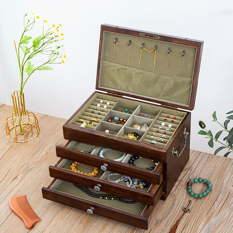 Coffret à bijoux rétro en bois massif Buddha Stones Coffret de rangement à bijoux en bois à quatre niveaux