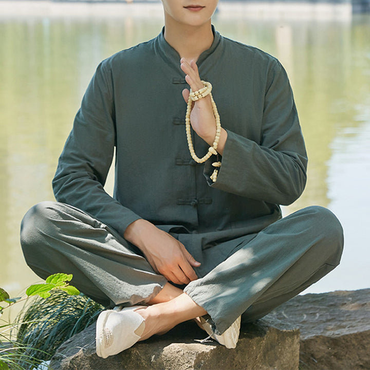 Ensemble pour homme en coton et lin avec Buddha Stones, pratique spirituelle zen, yoga, méditation, prière - Vert foncé - US/UK/AU48，EU58 (6XL) - image 0