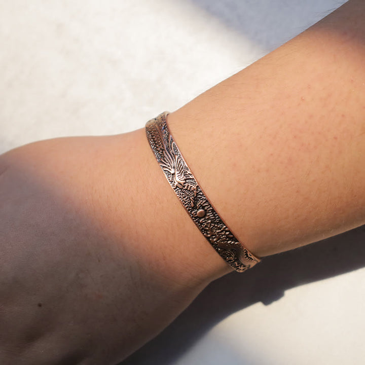 Bracelet manchette magnétique en cuivre massif avec Buddha Stones, dragon et phénix
