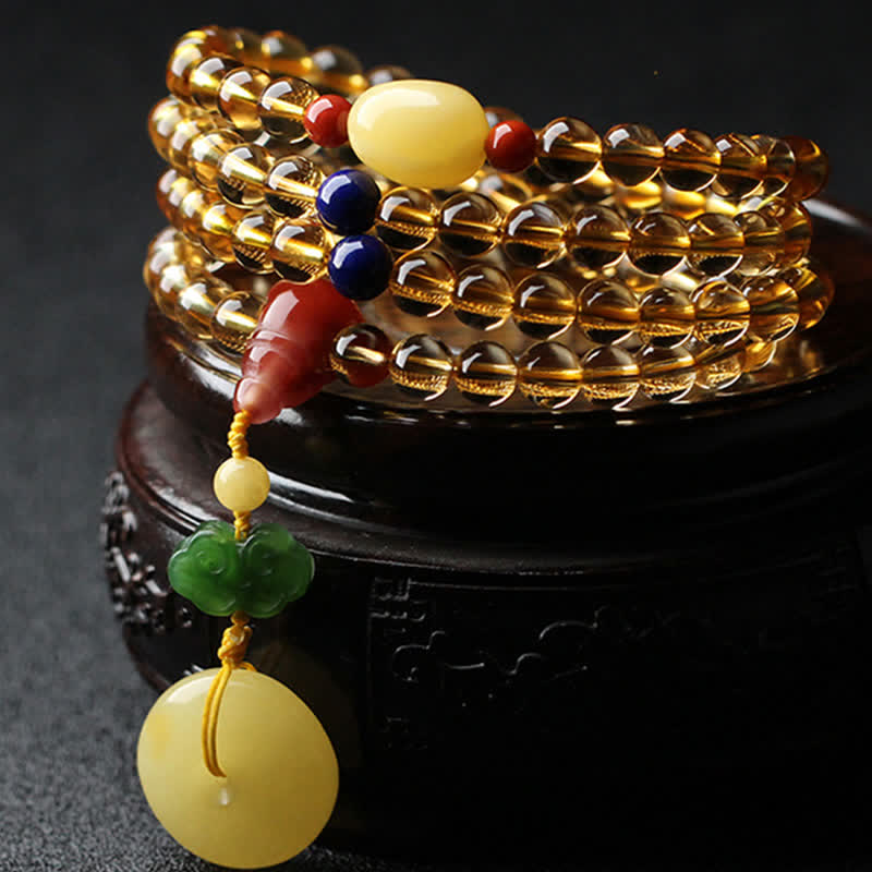 Bracelet à breloques de protection PiXiu en agate rouge avec boucle de paix en ambre et citrine naturelle de 108 perles de Mala - Citrine et ambre - image 0