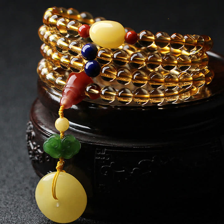 Bracelet à breloques de protection PiXiu en agate rouge avec boucle de paix en ambre et citrine naturelle de 108 perles de Mala - Citrine et ambre - image 0