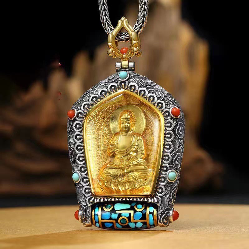 Collier avec pendentif en perles Dzi rotatives du zodiaque chinois tibétain Thangka Bouddha de la prospérité - image 1