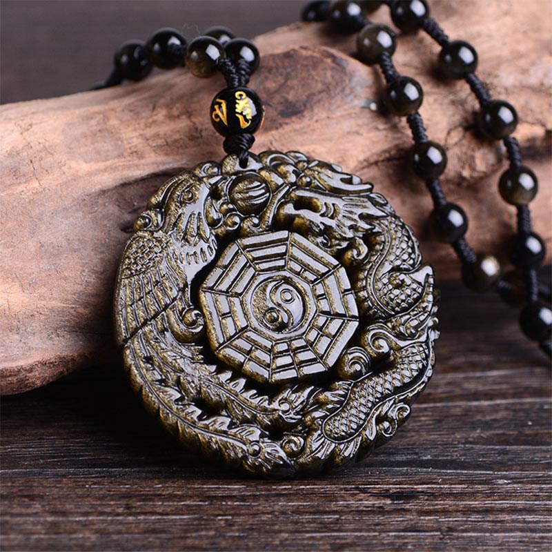 Collier avec pendentif en obsidienne dorée et Buddha Stones