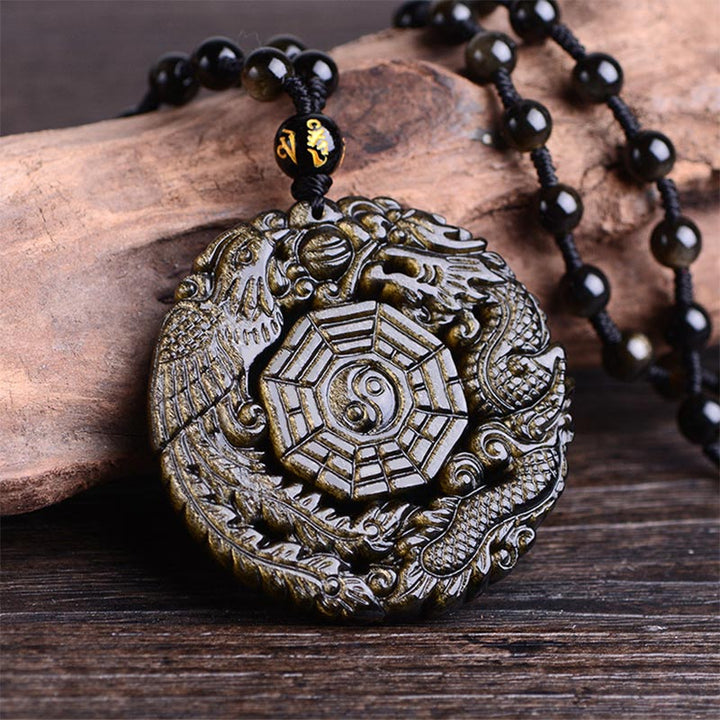 Collier avec pendentif en obsidienne dorée et Buddha Stones