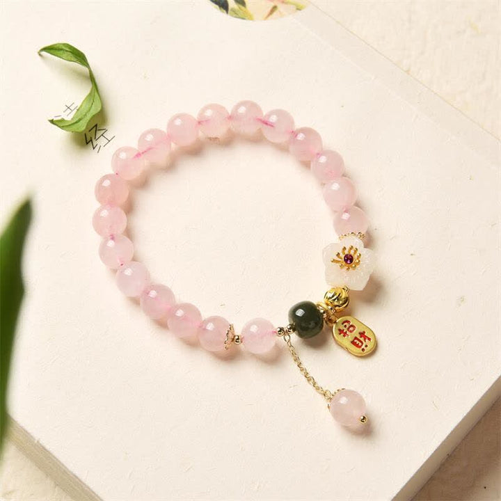 Bracelet d'amour chaleureux en cristal rose naturel avec fleur de jade et Buddha Stones