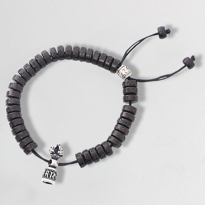 Bracelet en corde de bonheur sculpté en coquille de noix de coco du Tibet Buddha Stones Om Mani Padme Hum Dorje Vajra Bell