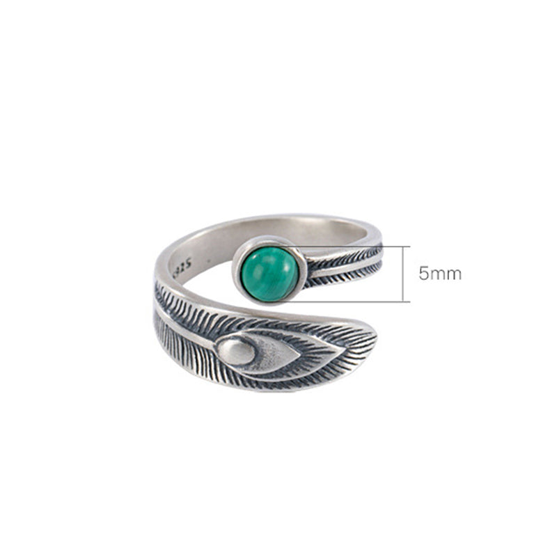 Bague de protection en argent sterling 925 avec perles de malachite et plumes de Buddha Stones