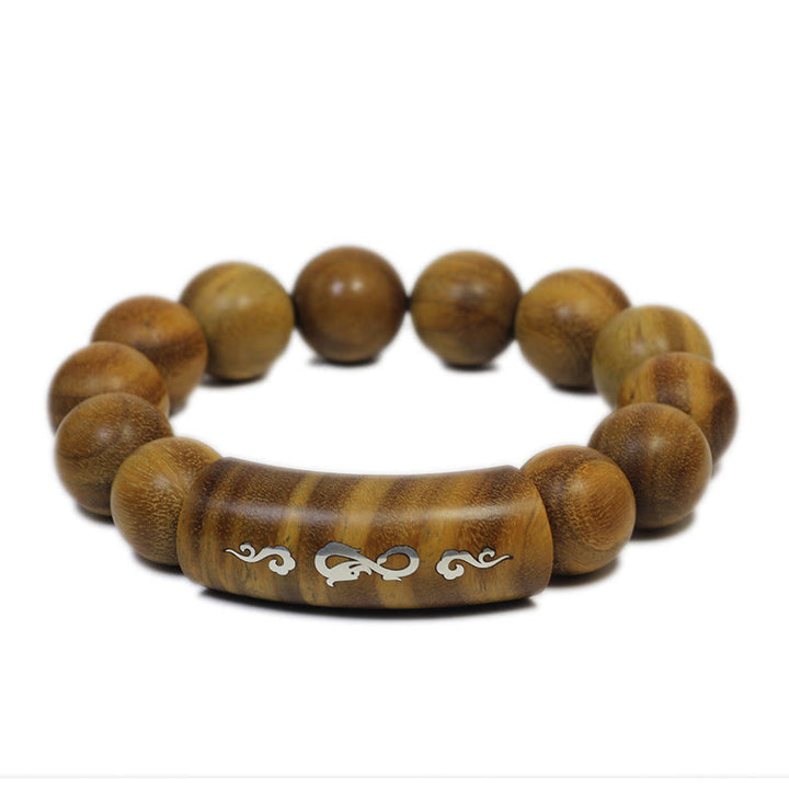 Bracelet de paix incrusté de Buddha Stones en argent sterling 999 et bois de santal vert Om Mani Padme Hum Dragon Phoenix Dharmachakra